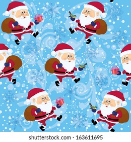 Christmass seamless illustration, cartoon Santa Claus walking with bag of gifts on abstract blue background with snowflakes and patterns. Vector eps10, contains transparencies