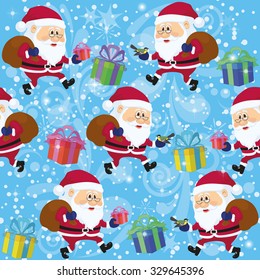 Christmass Seamless Illustration, Cartoon Santa Clauses Walking with Gift Boxes or Titmouse on Abstract Blue Background with Confetti and Patterns. Vector Eps10, Contains Transparencies