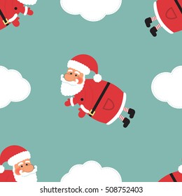 Christmass Seamless Illustration, Cartoon Santa Clauses with clouds on Abstract Blue Background