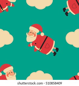 Christmass Seamless Illustration, Cartoon Santa Clauses with clouds on Abstract Blue Background. Retro style