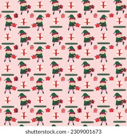 Christmass seamless pattern with Elf and Gifts.