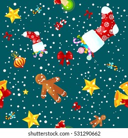 Christmass seamless pattern gingerbread man cookies, jingle bells stocking gifts, xmas background decoration elements texture vector ornament illustration, winter holiday sock with candy and presents