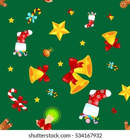 Christmass seamless pattern gingerbread man cookies, jingle bells stocking gifts, xmas background decoration elements texture vector ornament illustration, winter holiday sock with candy and presents