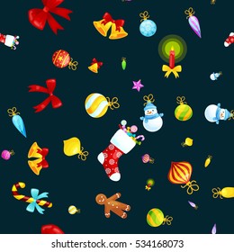 Christmass seamless pattern gingerbread man cookies, jingle bells stocking gifts, xmas background decoration elements texture vector ornament illustration, winter holiday sock with candy and presents