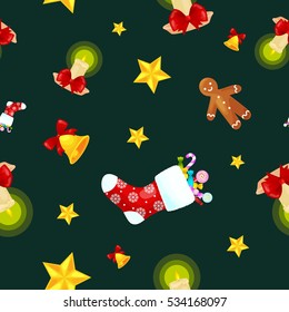 Christmass seamless pattern gingerbread man cookies, jingle bells stocking gifts, xmas background decoration elements texture vector ornament illustration, winter holiday sock with candy and presents