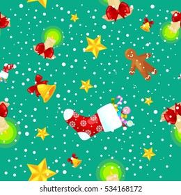 Christmass seamless pattern gingerbread man cookies, jingle bells stocking gifts, xmas background decoration elements texture vector ornament illustration, winter holiday sock with candy and presents
