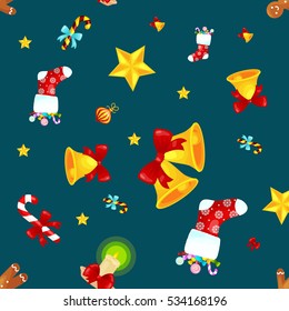 Christmass seamless pattern gingerbread man cookies, jingle bells stocking gifts, xmas background decoration elements texture vector ornament illustration, winter holiday sock with candy and presents