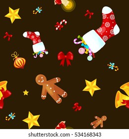 Christmass seamless pattern gingerbread man cookies, jingle bells stocking gifts, xmas background decoration elements texture vector ornament illustration, winter holiday sock with candy and presents