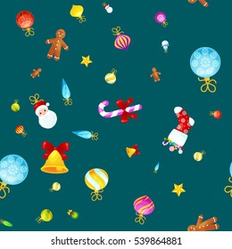 Christmass seamless pattern gingerbread man cookies, jingle bells stocking gifts, xmas background decoration elements texture vector ornament illustration, winter holiday sock with candy and presents