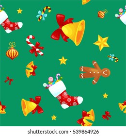 Christmass seamless pattern gingerbread man cookies, jingle bells stocking gifts, xmas background decoration elements texture vector ornament illustration, winter holiday sock with candy and presents