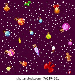 Christmass seamless pattern gingerbread man cookies, jingle bells stocking gifts, xmas background decoration elements texture vector ornament illustration, winter holiday sock with candy and presents