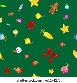 Christmass seamless pattern gingerbread man cookies, jingle bells stocking gifts, xmas background decoration elements texture vector ornament illustration, winter holiday sock with candy and presents