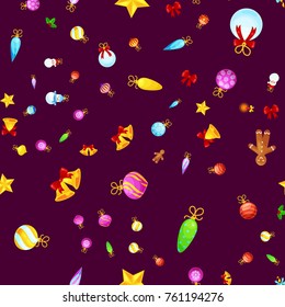 Christmass seamless pattern gingerbread man cookies, jingle bells stocking gifts, xmas background decoration elements texture vector ornament illustration, winter holiday sock with candy and presents