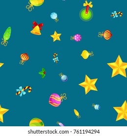 Christmass seamless pattern gingerbread man cookies, jingle bells stocking gifts, xmas background decoration elements texture vector ornament illustration, winter holiday sock with candy and presents