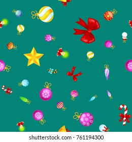 Christmass seamless pattern gingerbread man cookies, jingle bells stocking gifts, xmas background decoration elements texture vector ornament illustration, winter holiday sock with candy and presents