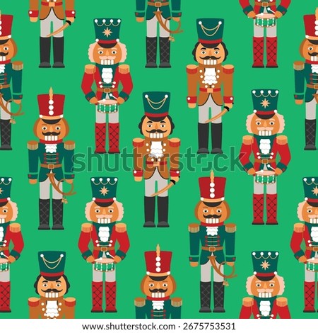 Christmass seamless pattern with nutcracker soldiers. Cartoon characters with drum, signal horn, sabre, uniform, epaulettes, hat. Red, blue, brown colors on green background. Vector design in flat.