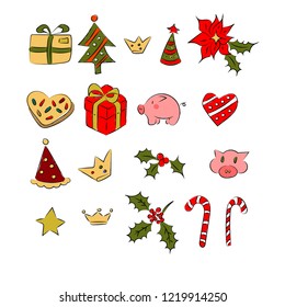 Christmass set of patch logo, omela, gift, pig, cookies
