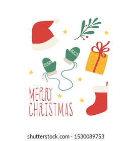 Christmass set of stickers, icon. Santa hat, mitten and socks. Vector hand drawn card