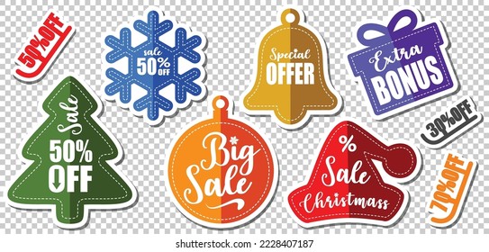 Christmass Stickers with outline and shadows - Sale tags - Banner price and discount labels - Vector illustration