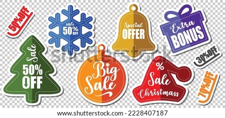 Christmass Stickers with outline and shadows - Sale tags - Banner price and discount labels - Vector illustration