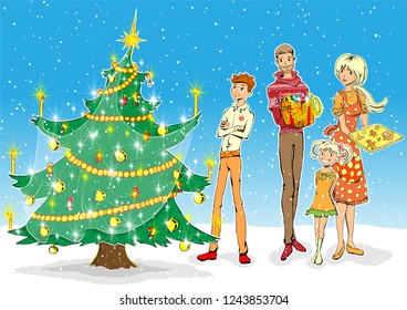 Christmass tree and happy family vector illustration