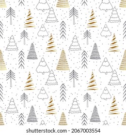 Christmass tree seamless pattern. Gold and black tree vector illustration.  Hand drawn doodle sketch.