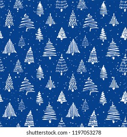 Christmass tree seamless pattern. Vector illustration. Blue and white. Hand drawn doodle sketch drawing with ink. Design for wrapping gift paper and backgrounds. Winter holiday season