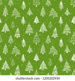 Christmass tree seamless pattern. Vector illustration. Green and white. Hand drawn doodle sketch drawing with ink. Design for wrapping gift paper and backgrounds. Winter holiday season