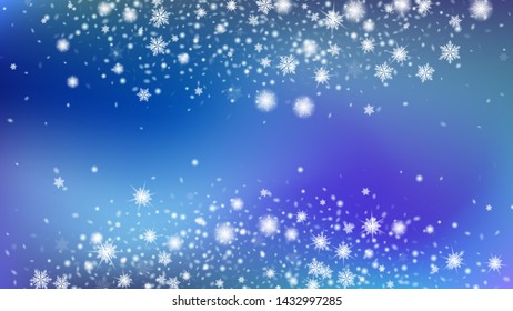 Christmass winter background. Bbright, White, Shimmer, Glowing, Scatter, Falling background. Festive picture of the Christmas banner. Blue base.