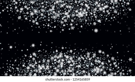 Christmass winter background. Macro snowflakes flying border illustration. Holiday Christmas card design. Black base.