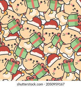 Christmas.Seamless pattern of cute cat wear santa hat  hold gift box background.Cartoon animal character design.Image for card,banner,cloth.Baby graphic.Repeat.Winter.Kawaii.Vector.Illustration.