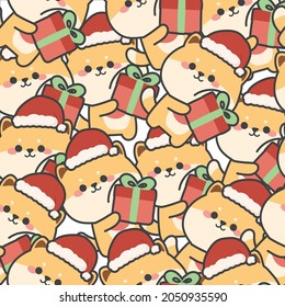 Christmas.Seamless pattern of cute shiba inu dog hold gift box background.Cartoon animal character design.Image for card,banner,cloth.Baby graphic.Repeat.Winter.Kawaii.Vector.Illustration.