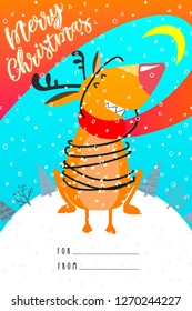 Christmass/New Year greetings card with deer illustration. Children gift. Cute deer with garland 