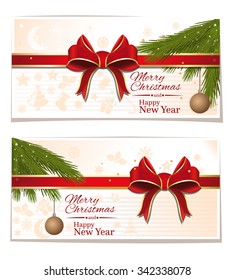 Christmassy cards with red ribbon and bows. Merry Christmas and Happy New Year. Vector illustration.
