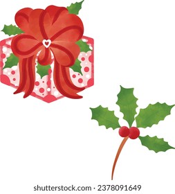 
Christmassy illustrations of festive decorations including dolls red bows and green leaves