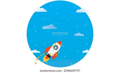 christmast background contain snowman ride the rocket for party to the sky,  isolated in blue sky , suitable for christmas themes space adventure