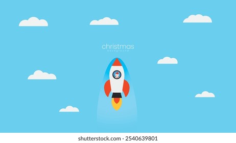 christmast background contain snowman ride the rocket to the sky,  isolated in blue sky , suitable for christmas themes space adventure 