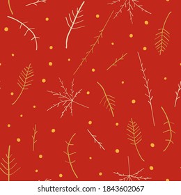 Patrón de ramas doradas y rojas de Navidad con puntos dorados. Diseño de patrones sin fisuras de vectores para textiles, moda, papel, embalaje y marca. 