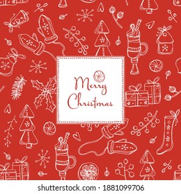Christmast and New Year card with Christmas decorations and holly tree. Vector hand drawn illustration