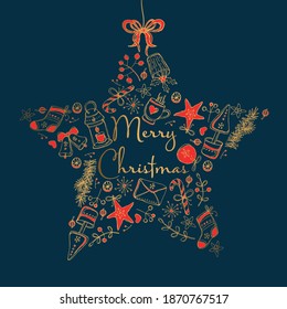 Christmast and New Year golden card with Christmas decorations and holly tree. Vector hand drawn illustration