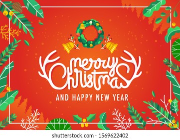 Christmast and new year greeting card vector illustration with beautiful lettering, leaves illustration around and red background. used for website , social media or anything else