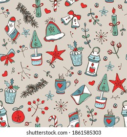 Christmast and New Year seamless pattern with Christmas decorations and holly tree. Vector hand drawn illustration