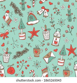 Weihnachten und Neujahr nahtlose Muster mit Weihnachtsdekorationen und Heiligenbaum. handgezeichnete Vektorgrafik