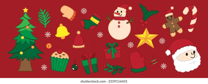 Christmast vector hand drawn illustration assets with black stroke. flat style and isolated design. holiday vibes xmast and happy new year