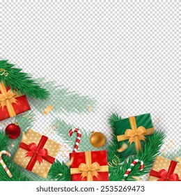 Christmas-themed arrangement with gift boxes tied in white ribbons, a striped candy canes, baubles, confetti and pine branches in red, green, golden colors as a frame on blank transparent background