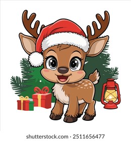 Christmas-themed artwork. An adorable cartoon-style deer is shown in the New Year's drawing next to a Christmas tree and a red bag filled with gifts. Illustration in vector format