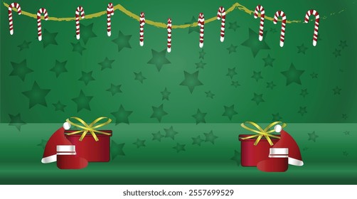 Christmas-themed background in green, decorated with stars and candy canes, along with socks, gifts, and hats.