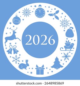 Christmas-themed background with symbols like gifts, reindeer, and snowflakes in circular design vector