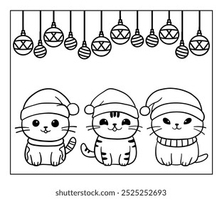 Christmas-themed children's coloring page with cute cats and Christmas bauble decorations. Holiday activity, learning and playing, children's activity.