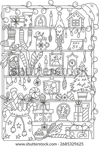 Christmas-Themed Coloring Page With Many Elements For The New Year Holiday